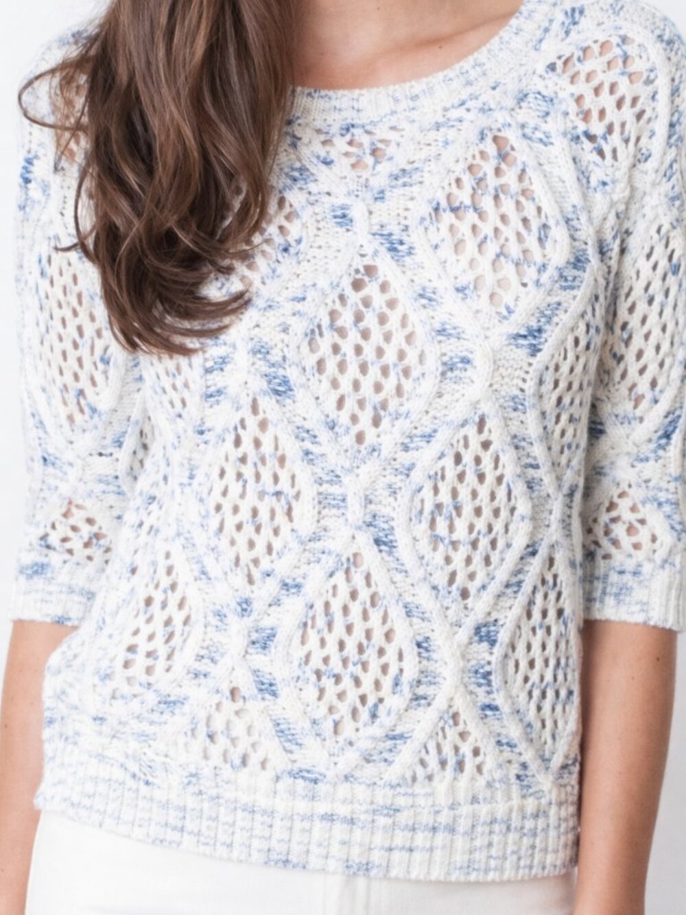 Pink Martini Blue White Open Knit Sweater Size M Boho Crochet Lightweight Top